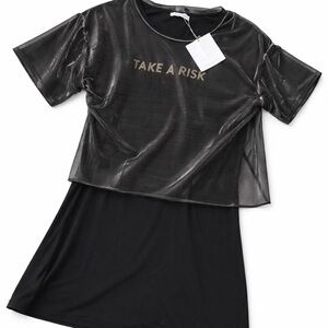 Take A Risk Metallic Mesh Overlay Dress - Black with White Text